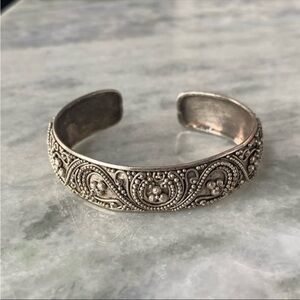 925 Sterling Silver Balinese Bead And Scroll Work Open Cuff Bracelet